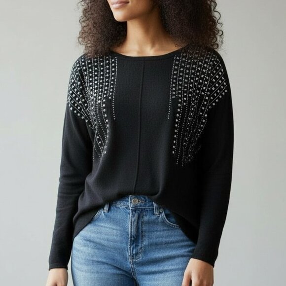 NWT Anne Klein Black Embellished Studded Pullover Sweater Rhinestone Top L - Picture 1 of 7